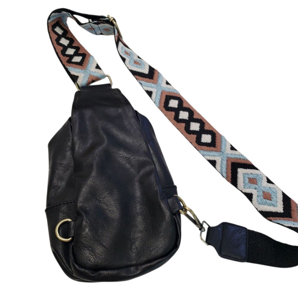 Crossbody Sling Bag with Colorful Embroidered "Guitar" Style Adjustable Strap